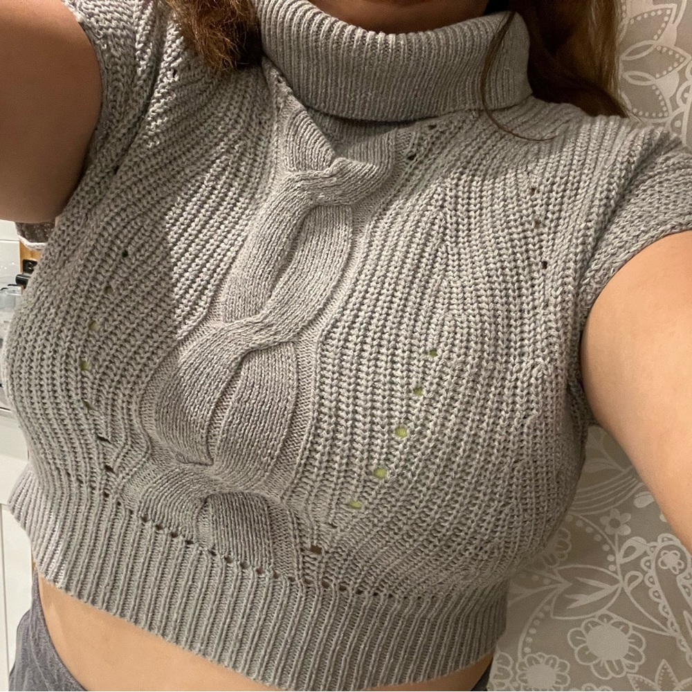 Grey Crop Sweater Turtleneck Top Cable Knit Boho Shirt Small Cute Blouse Wool S